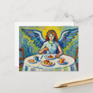 Postal Un ángel colorido en el desayuno