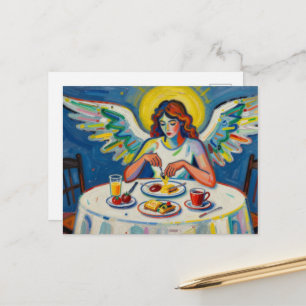 Postal Un ángel colorido en la mesa del desayuno