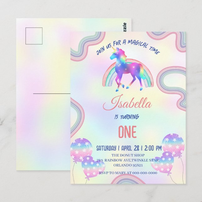 Postal Un arcoiris mágico, unicornio, feliz Fiesta de cum (Anverso / Reverso)