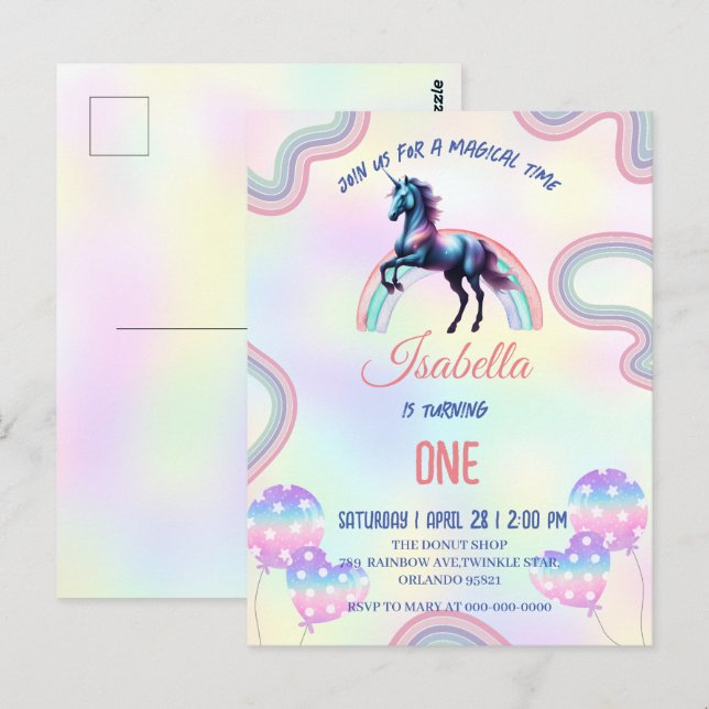 Postal Un arcoiris mágico, unicornio, feliz Fiesta de cum (Anverso / Reverso)