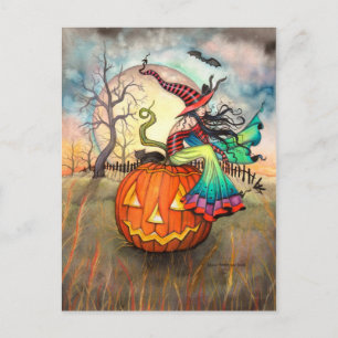 Postal Un Arte de Bruja de Halloween con una Calabaza Gig