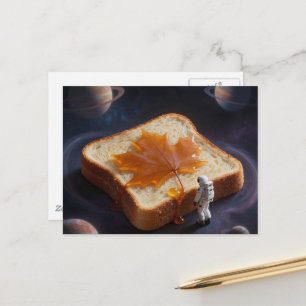 Postal Un astronauta con un pan de desayuno con jarabe de
