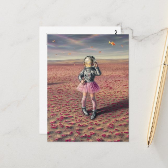 Postal Un astronauta disco en pradera de amapola volando  (Anverso/Reverso In Situ)