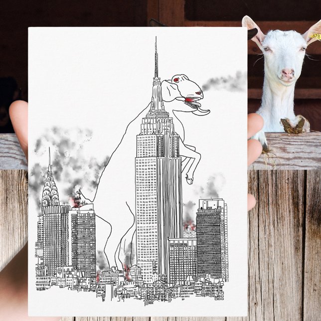 Postal Un ataque gigante a una cabra en un divertido arte (Funny giant goat in New York City film parody line art drawing)
