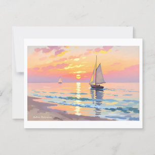 Postal Un barco de vela al atardecer en el mar