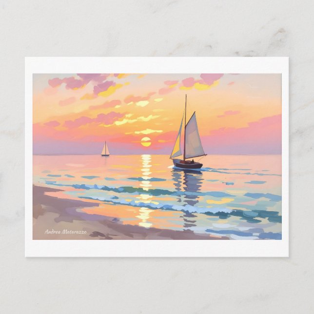 Postal Un barco de vela al atardecer en el mar (Anverso)