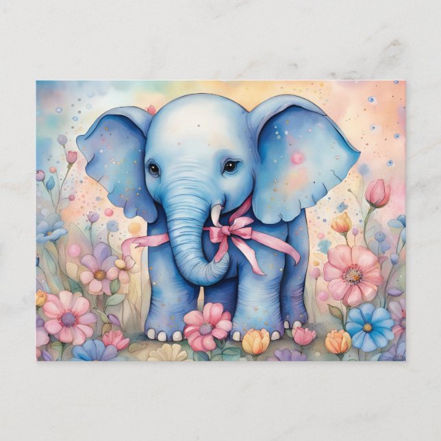 Postal Un bebé elefante adorable en un jardín pastel (Anverso)
