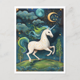 Postal Un brusco unicornio blanco en una noche mágica