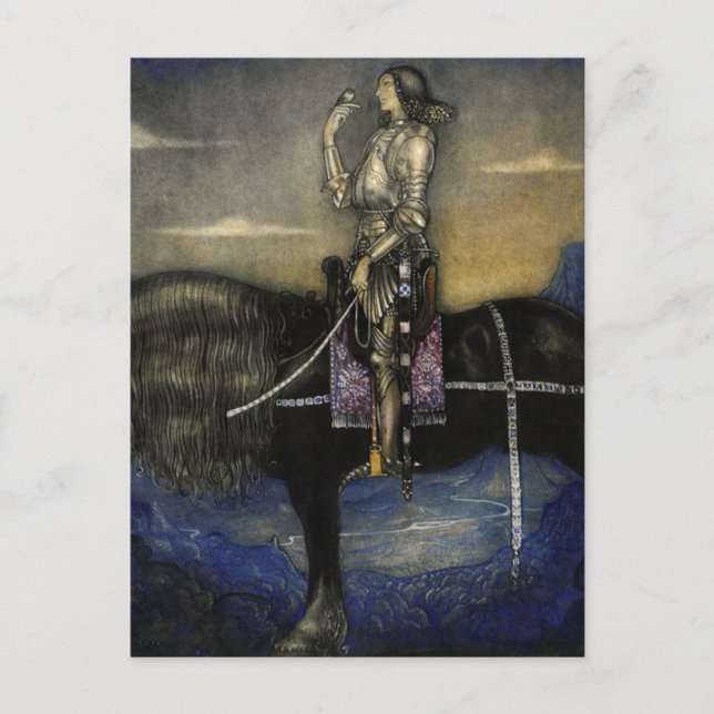 Postal "Un caballero camino hacia arriba" acuarela de Joh (Anverso)