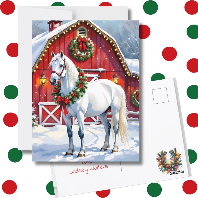 Postal Un caballo blanco festivo y Navidades de un graner (Subido por el creador)