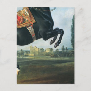 Postal Un caballo negro representando el Courbette