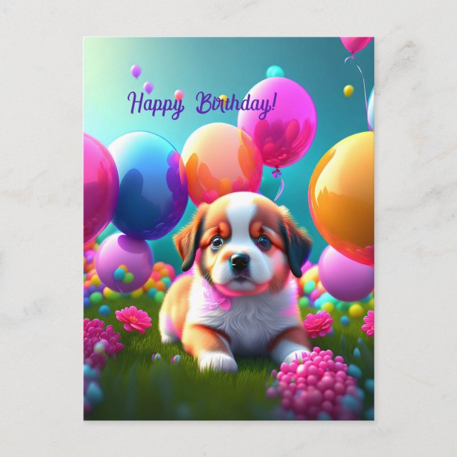 Postal Un cachorro lindo con globos - cumpleaños (Anverso)