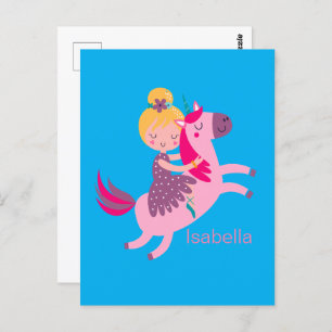 Postal Un Chica amarillo morado monta en unicornio