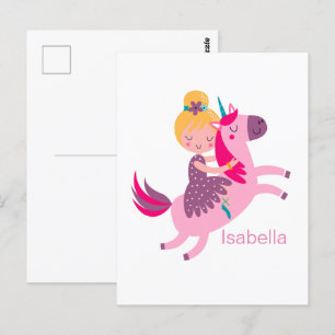 Postal Un Chica amarillo morado monta en unicornio