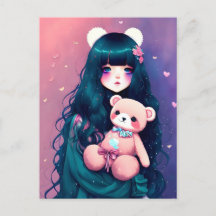 Un Chica anime con un osito de peluche, posta