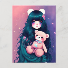 Postal Un Chica anime con un osito de peluche, posta