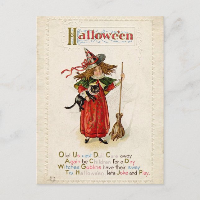 Postal Un Chica de bruja de Halloween con gato (Anverso)