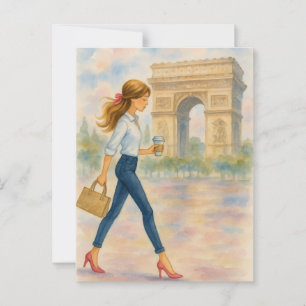 Postal Un chica y el Arco del Triunfo París