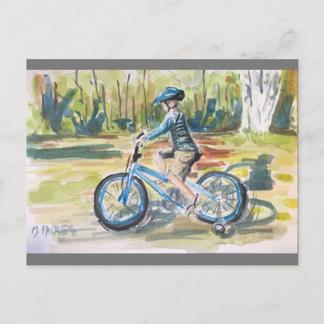 Postal Un chico y su bicicleta (Anverso)