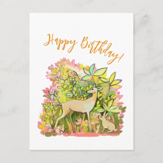 Postal Un ciervo, un conejo y unos amigos pájaros pintand (Anverso)