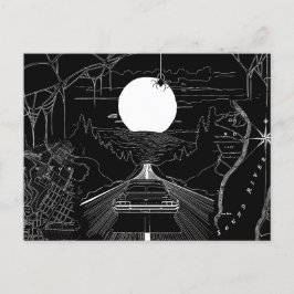 Postal Un coche que recorre el bosque y las montañas