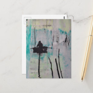 Postal Un collage de medios mixtos de un barco en negro, 