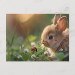 Postal Un conejo lindo y una mariquita en el campo verde