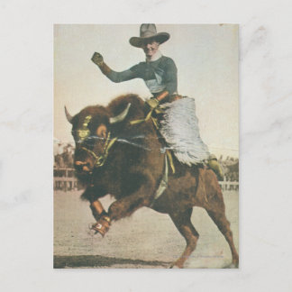 Postal Un Cowboy feliz con un Búfalo balbuceador.