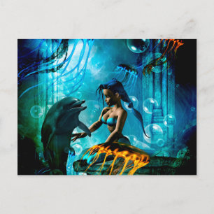 Postal Un delfín divertido jugando con una sirena adorabl
