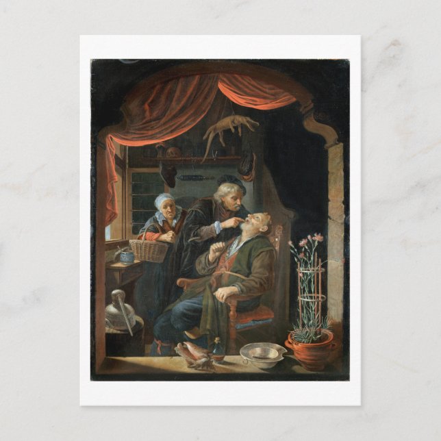 Postal Un dentista examina el diente de un anciano (aceit (Anverso)