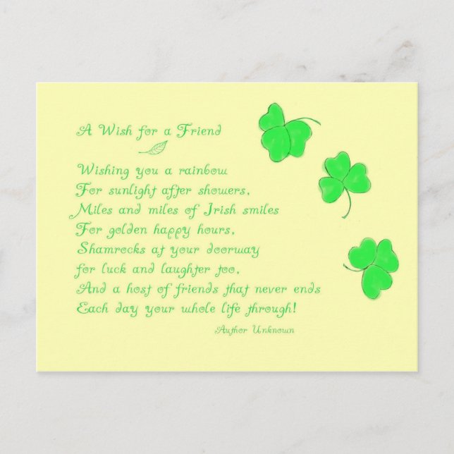 Postal Un deseo para un amigo-poema irlandés+Shamrock (Anverso)