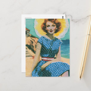 Postal Un día en la playa Dama vintage en lunares azules