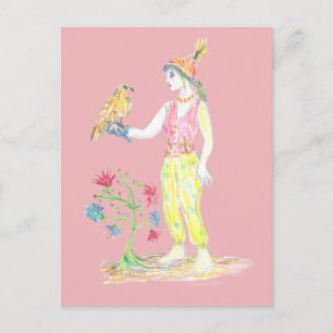 Postal Un dibujo a lápices de colores de una mujer