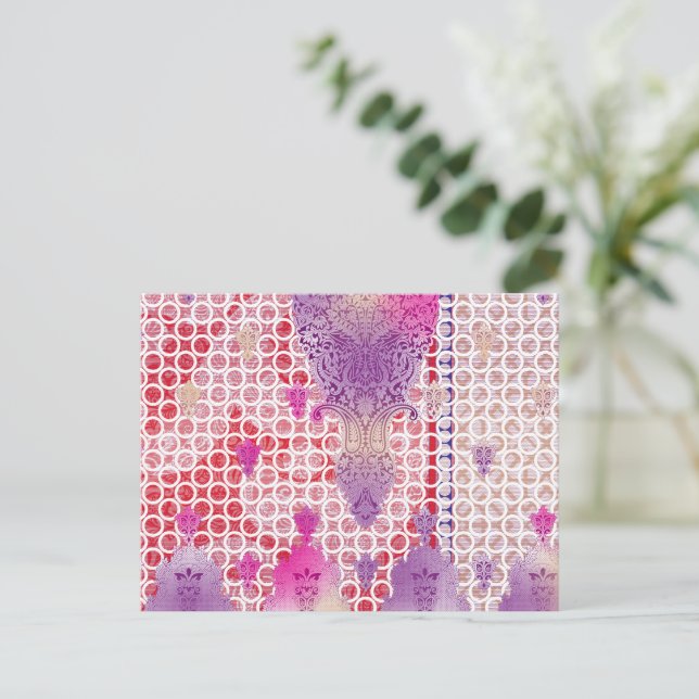 Postal un diseño de fondo morado con puntos (Anverso de pie)