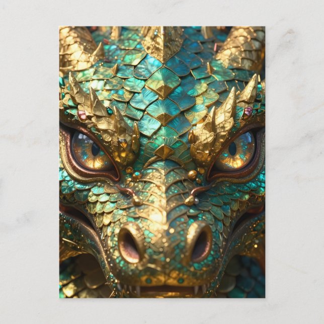 Postal Un dragón místico turquesa y dorado (Anverso)