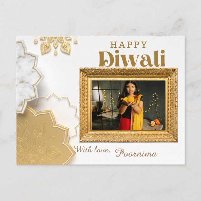 Postal Un elegante saludo de Diwali blanco y dorado (Anverso)