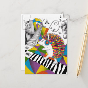 Postal Un erizo de colores surrealista escucha música