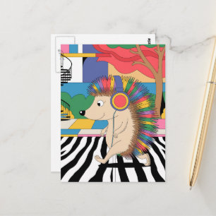 Postal Un erizo surrealista escucha música