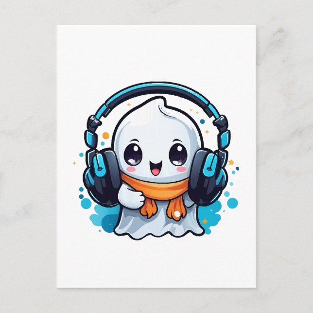 Postal Un fantasma adorable y espeluznante con audífonos (Anverso)