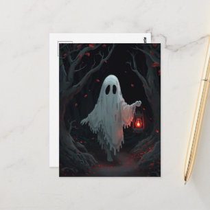 Postal Un fantasma blanco que sostiene una linterna roja