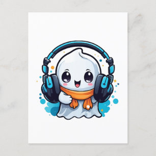 Postal Un fantasma lindo y espeluznante con auriculares
