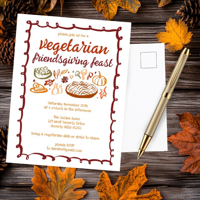 Postal Un fantástico Día de Acción de Gracias para los VE (Whimsical VEGETARIAN Thanksgiving Friendsgiving Postcard
)