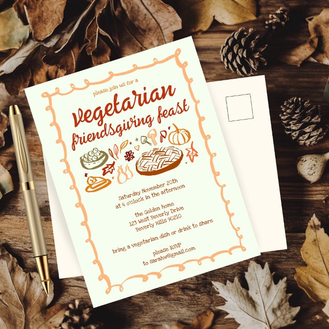 Postal Un fantástico Día de Acción de Gracias para los VE (Whimsical VEGETARIAN Thanksgiving Friendsgiving Postcard
)