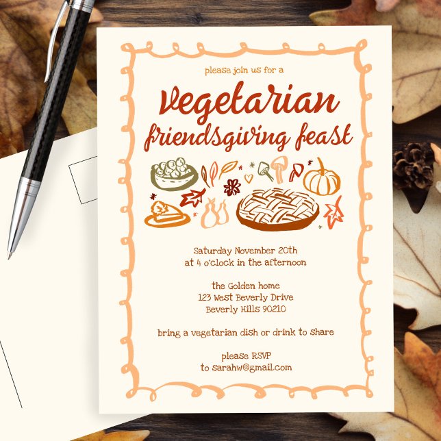 Postal Un fantástico Día de Acción de Gracias para los VE (Whimsical VEGETARIAN Thanksgiving Friendsgiving Dinner Party Invitation Custom Postcard
)