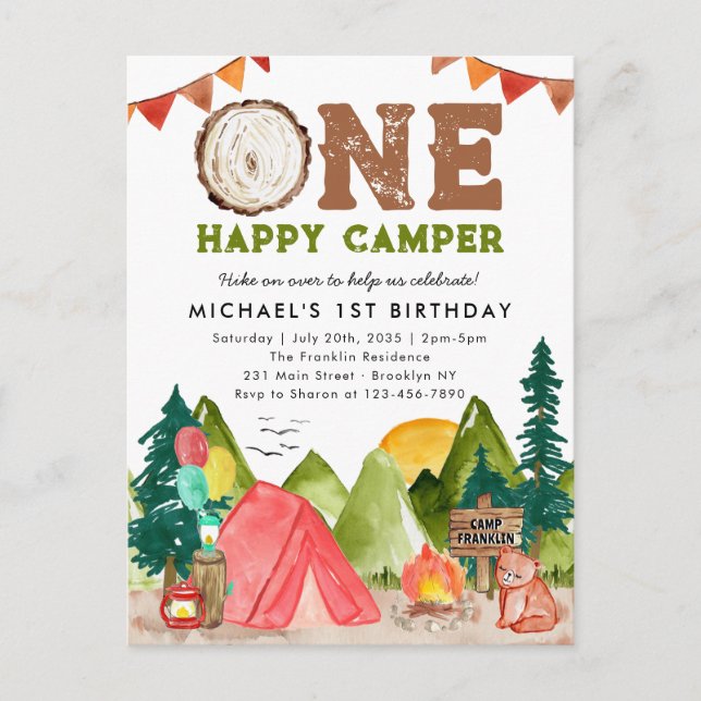 Postal Un feliz camper Woodland Bear Boys primer cumpleañ (Anverso)