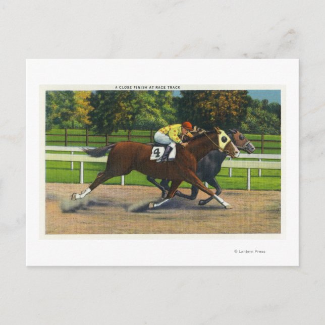 Postal Un final cercano en la pista de carreras, caballos (Anverso)