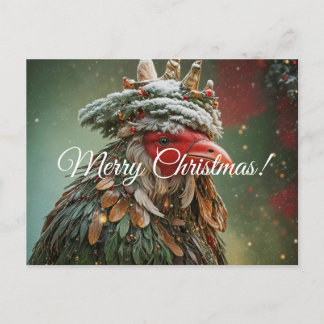 Postal Un gallo de Navidad mira a lo lejos