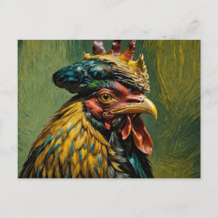 Postal Un gallo sabio mira intensamente a lo lejos.