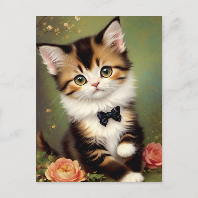 Postal Un gatito lindo vestido de una reverencia. Pintura (Anverso)