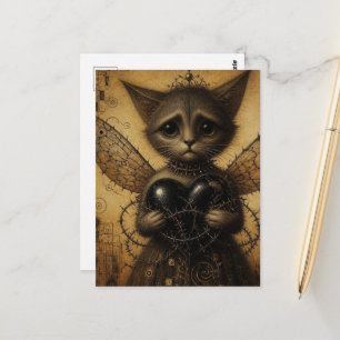Postal Un gatito triste con un corazón con púas roto y ne